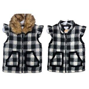 Mud Pie 12-18m NWT black white check vest removable fur collar velvet ruffle